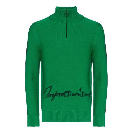 Men's Off-White FW21 Logo Alphabet Printing Zipper Knit Pullover Wool Sweater Green OMHF003R19A280304010