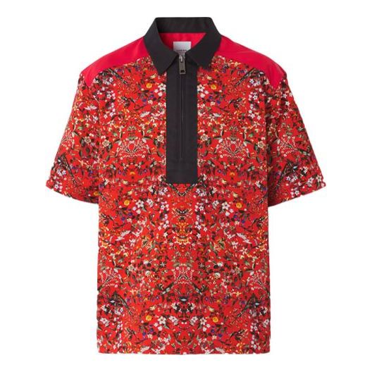 Men's Burberry SS21 Flowers Printing Zipper Short Sleeve Shirt Red 80415431