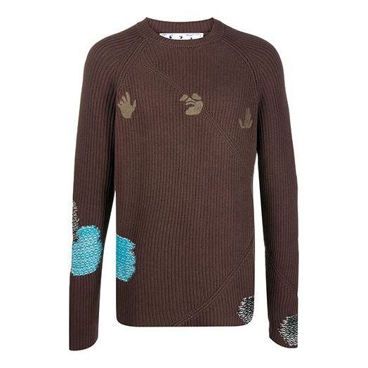 Men's Off-White Embroidered Ribbed Knit Pullover Wool Sweater Brown OMHE060F20KNI0016018