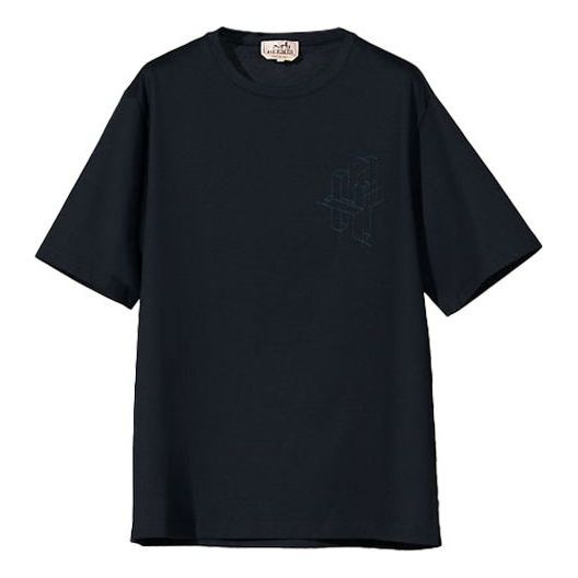 Men's HERMES 3D Embroidered Pattern Cotton Round Neck Short Sleeve Black T-Shirt H167605HA01