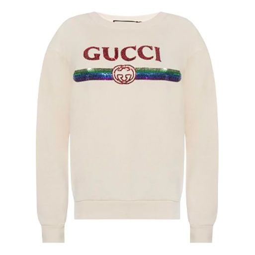 (WMNS) Gucci Logo Bright Pattern Casual Round Neck Pullover White Hoodie 469250-XJASD-9392