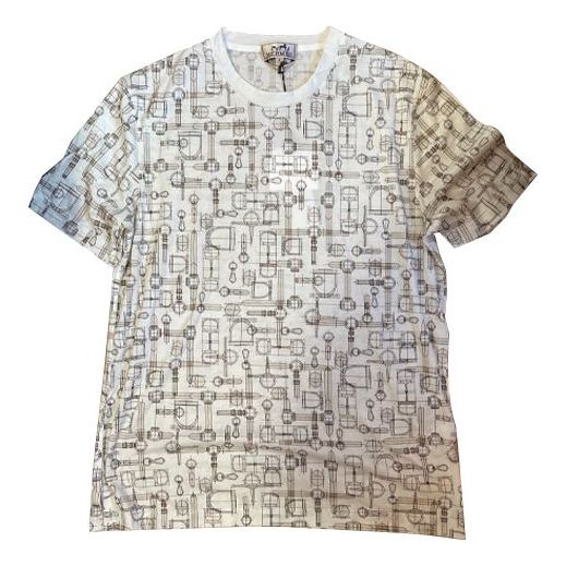 Men's HERMES SS21 Labyrinthe Equestre Full Print Pattern Printing Round Neck Short Sleeve Creamy White H037735HA1V