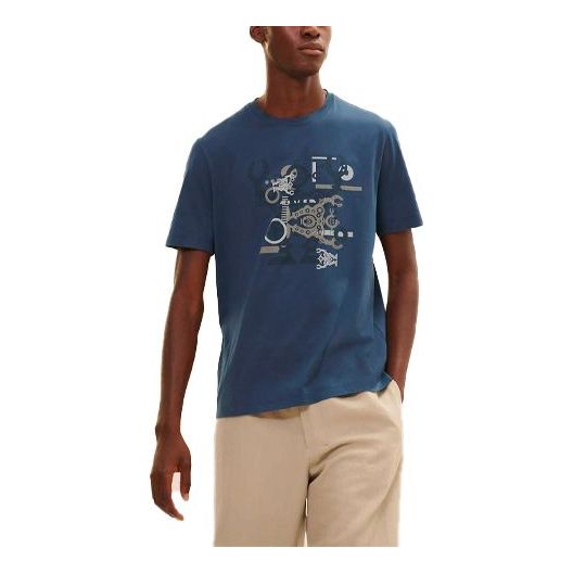 Men's HERMES Hello Mr Farrier Series Printing Round Neck Short Sleeve Dark Sea Blue T-Shirt H157861HA67