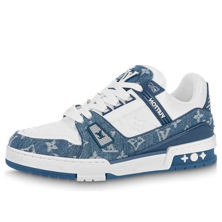 (WMNS) حذاء رياضي LOUIS VUITTON LV Trainer باللون الأبيض مع شعار شبكي أزرق 1AC2AM