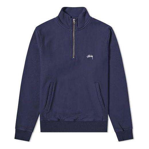 Men's Stussy Stock Fleece Mock Fleece Lined Stand Collar Half Zipper Navy Blue 118329NAVY