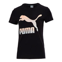 (WMNS) PUMA Classics Contrasting Colors Logo Printing Sports Round Neck Short Sleeve Black 532282-71