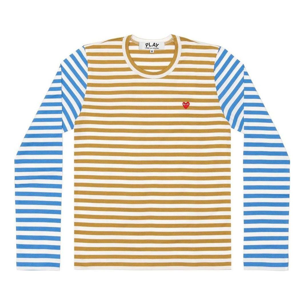 COMME des GARCONS PLAY L/S Bi-Colour Striped Small Emblem T-Shirt 'Olive Blue' AZ-T318-051-5