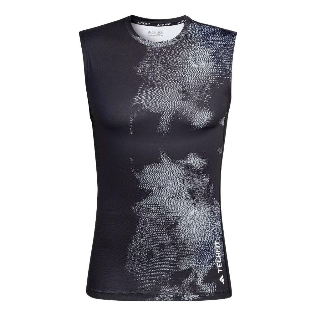 Men's adidas Pattern Printing Round Neck Casual Sports Black Vest HK2333
