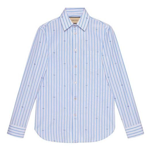 Men's Gucci SS21 Double G Full Print Stripe Long Sleeves Blue Shirt 659875-ZAGV5-9018