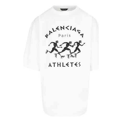 Men's Balenciaga SS21 Marathon Running Pattern Printing Logo Short Sleeve White 641614TJVK69040