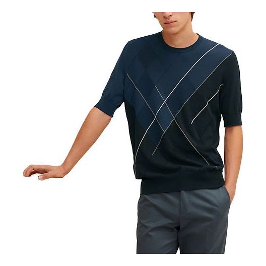 Men's HERMES SS21 Casual Round Neck Short Sleeve Navy Blue T-Shirt H157390HA01