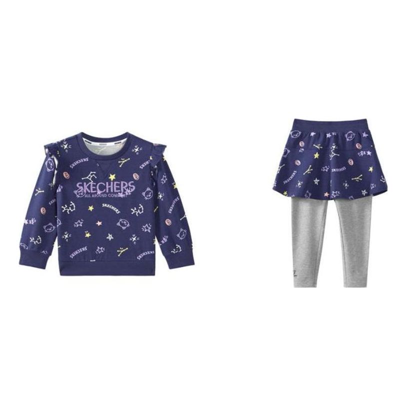 (GS) Skechers Letter Full Print Round Neck Pullover Sweatshirt Sports Suit 'Blue Pink' L322G012