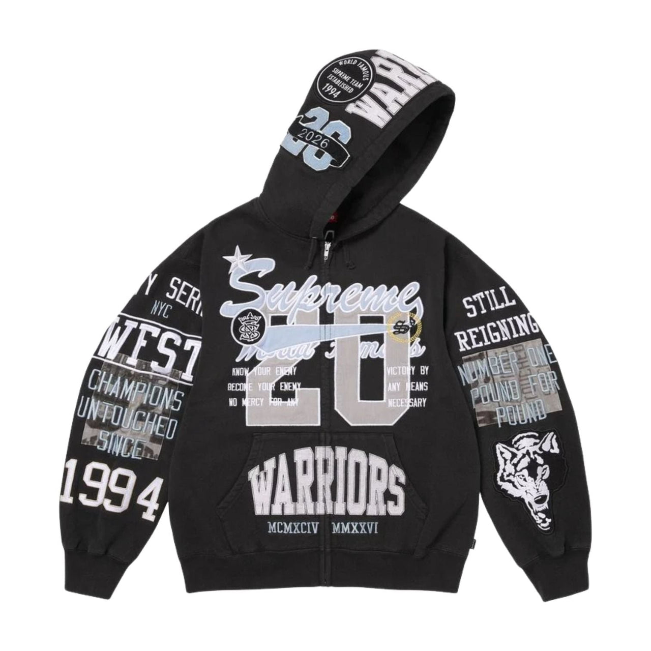 Supreme SS26 Warriors Appliqué Zip Up Hooded Sweatshirt 'Black' SUP-SS26-212-BLK