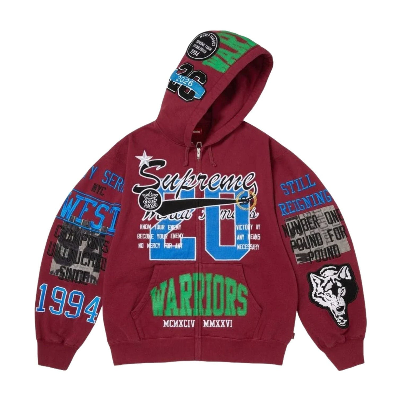 Supreme SS26 Warriors Appliqué Zip Up Hooded Sweatshirt 'Cardinal' SUP-SS26-212-RED