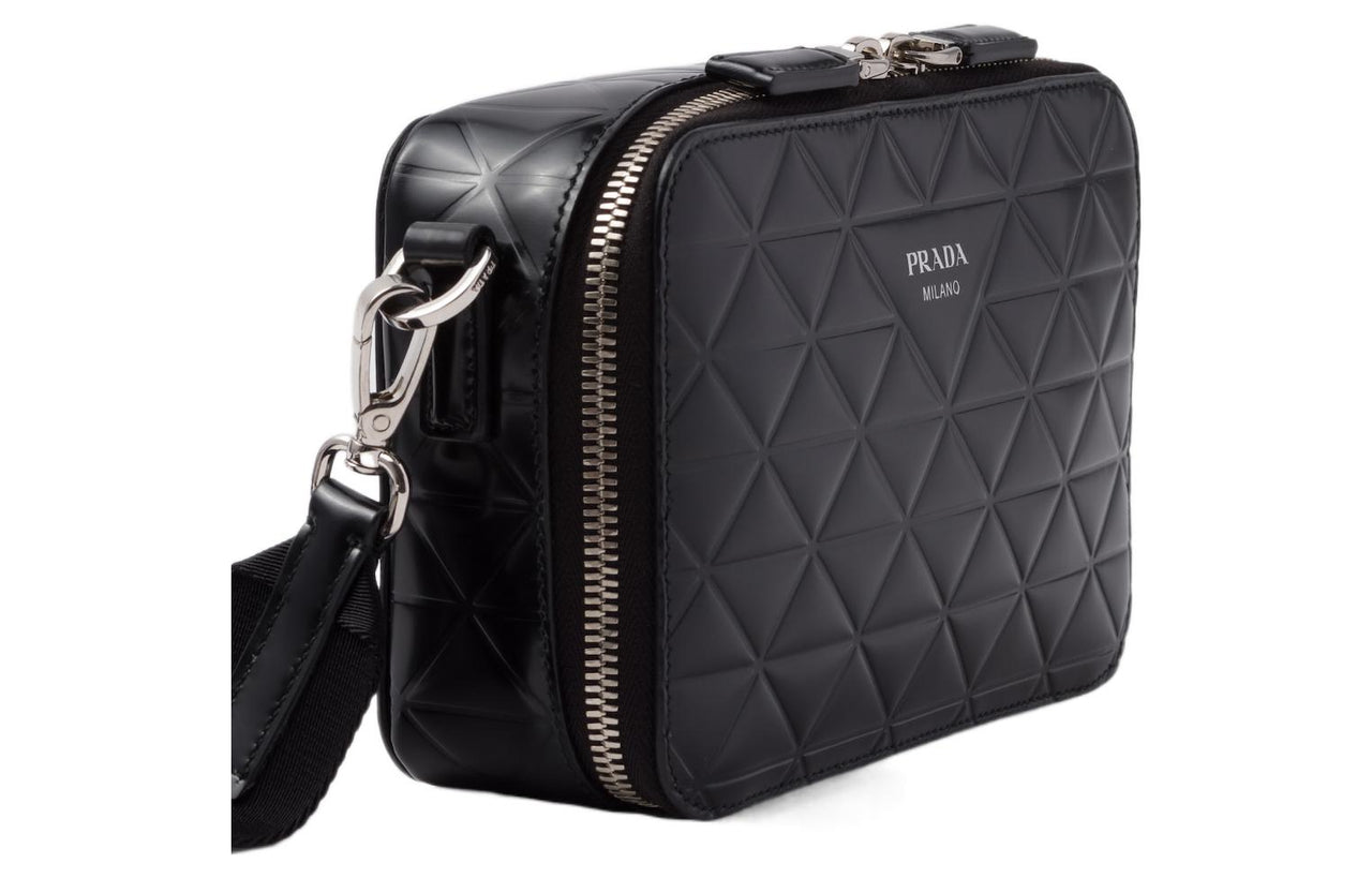 PRADA Brique Shiny Leather Messenger Bag Crossbody Bag Shoulder Bag Men's Black