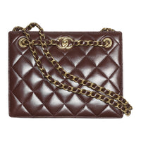 CHANEL Lambskin Tote Bag Shopping Bag Shoulder Bag Handbag Small Size Women's Dark Brown