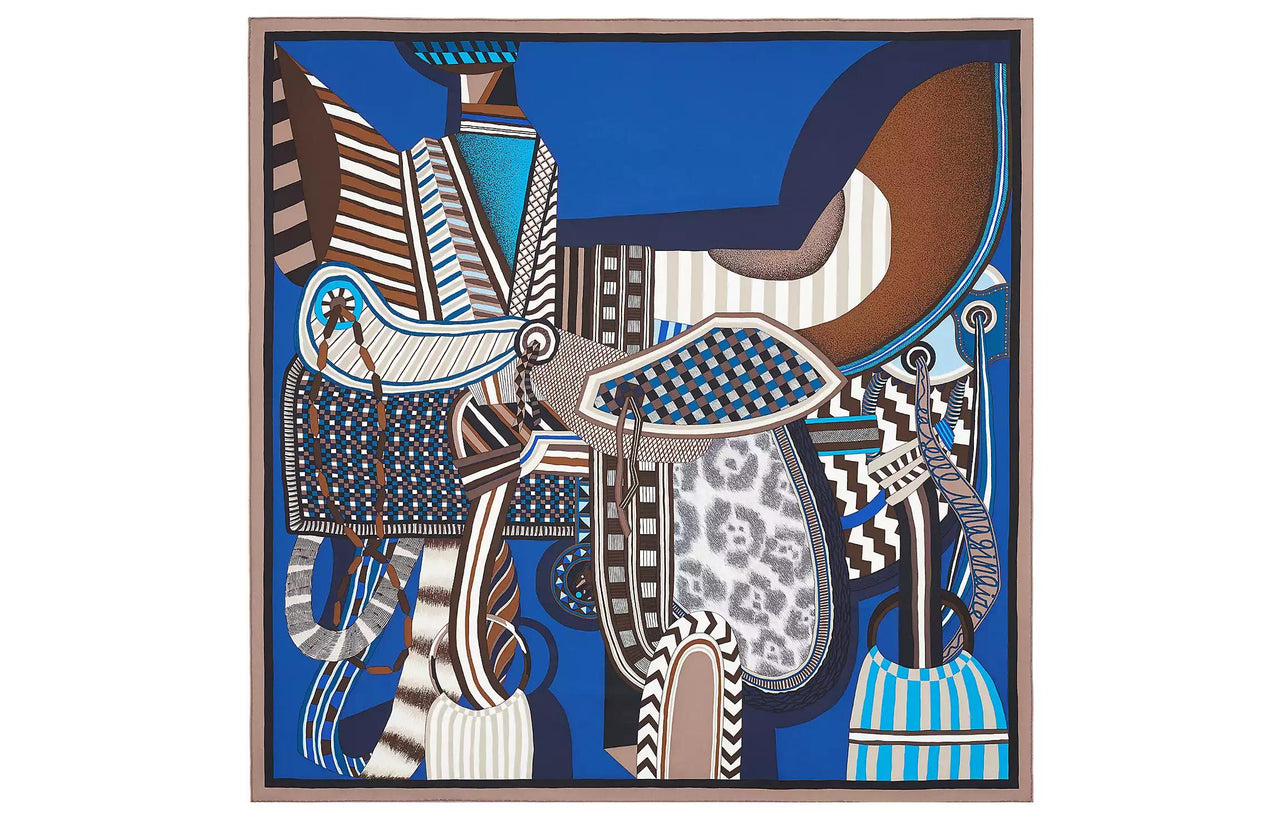 HERMES Silk Scarves Women's Ice Brown/Fresh Blue/Brown