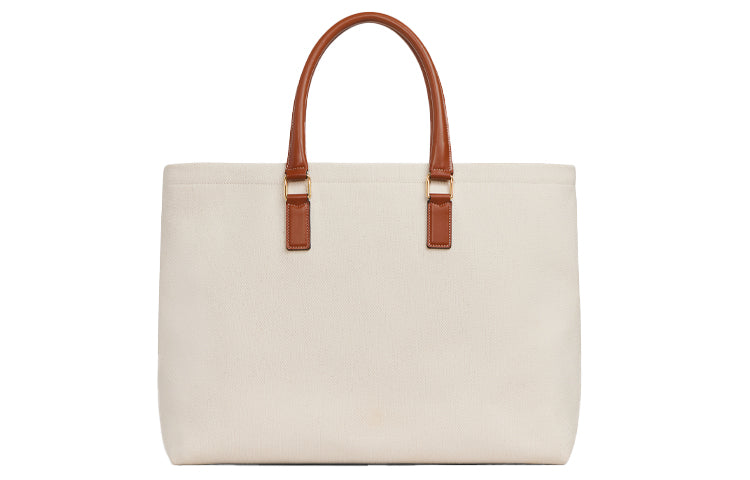 CELINE Cabas Fabric Cow Leather Patchwork Tote Bag Shopping Bag Shoulder Bags Women's Natural Color & Brown Umber