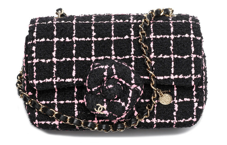 CHANEL Wool Twill Soft Woolen Camellia Flap Bag, Crossbody Bag, Shoulder Bag Women's Black & Pink