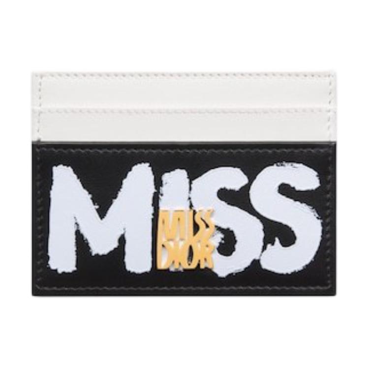 DIOR Calfskin Card Holder Women's Black & White