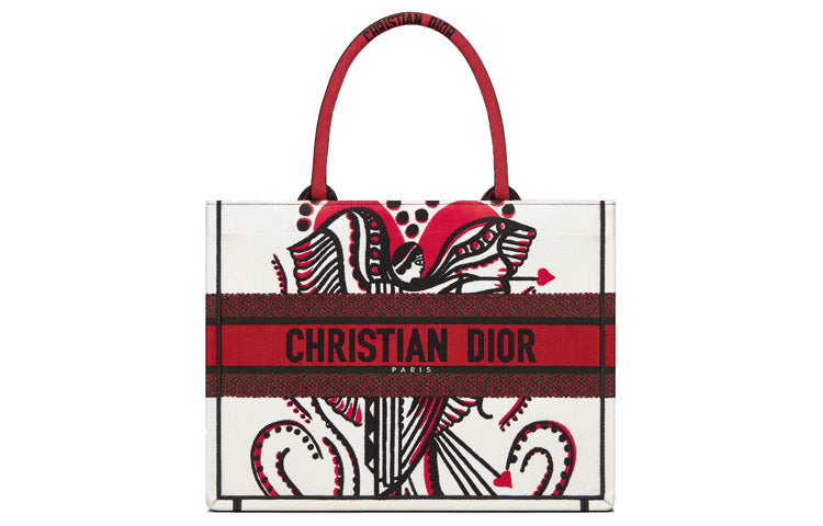 DIOR BookTote Embroidered Print Tote Bag Shopping Bag Handbag Small Size Women's Red/White