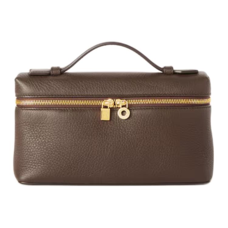 Loro Piana Cow Leather Shoulder Bag Crossbody Bag Handbag Women's Dark Licorice Chocolate With Sun Gold