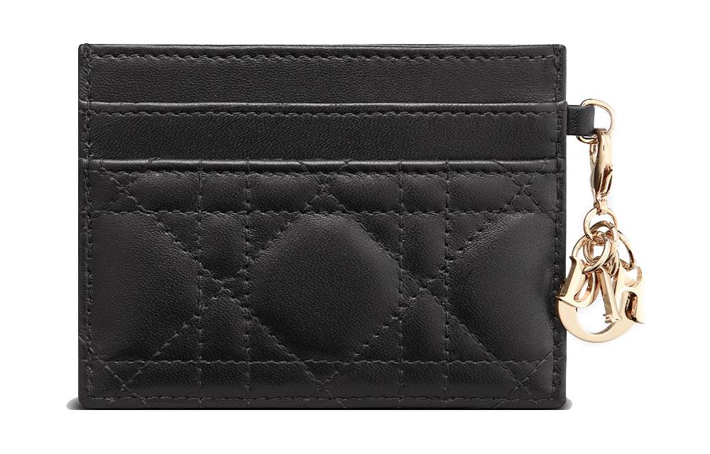 DIOR Lady Dior Wicker Pattern Sheepskin Card Holder Women's Black