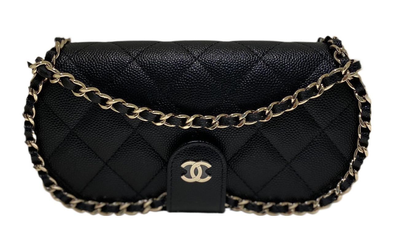 CHANEL 22P Grain Cow Leather One Shoulder Crossbody Eyeglass Pouch Small Size Women's Black