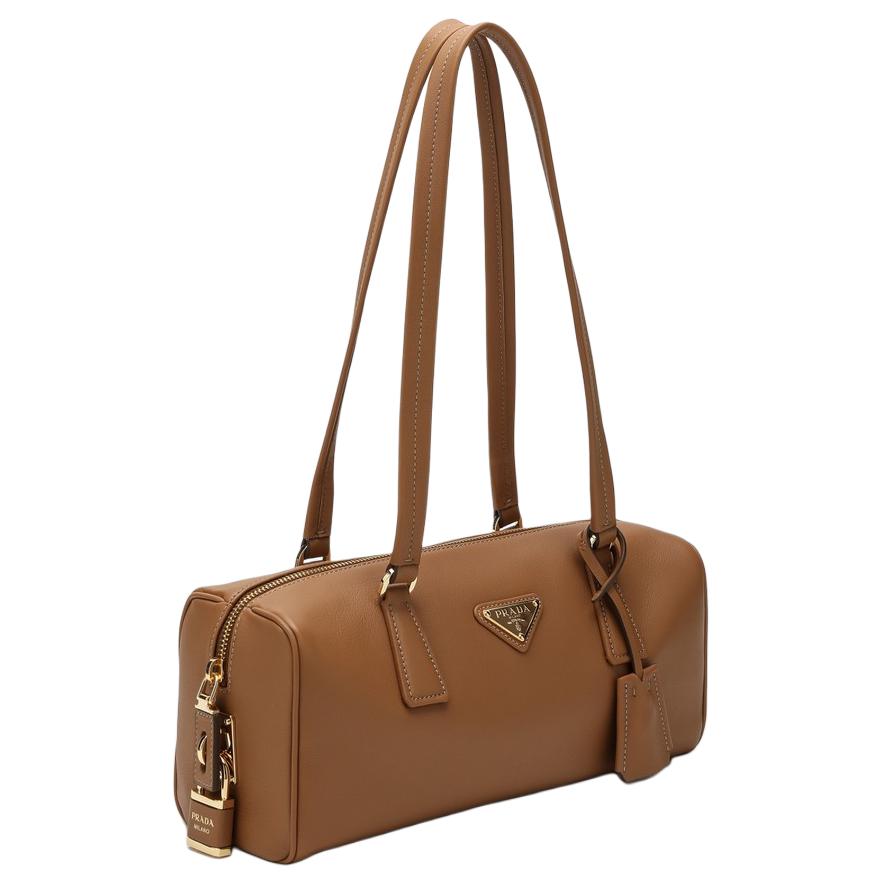 PRADA Leather Bowling Bag, Shoulder Bag Medium Size Women's Caramel