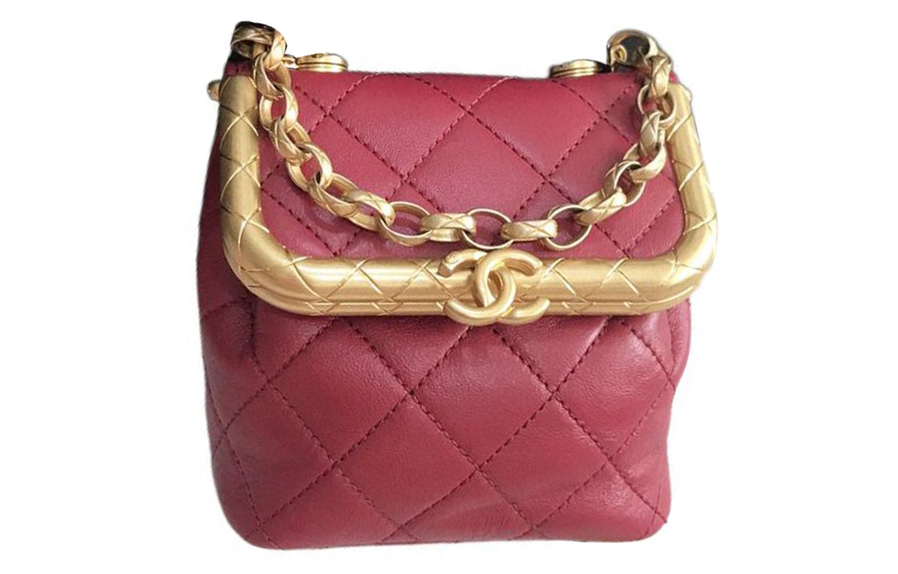 CHANEL Sheepskin Box Bag Shoulder Bag Crossbody Bag Handbag Small Size Women's Red