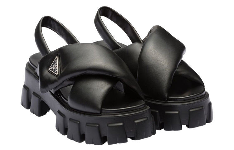 PRADA Monolith Padded 55mm Sandals Black Nappa Leather Women's
