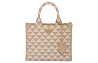 PRADA Symbole Fabric With Leather Tote Bag, Shopping Bag, Handbag Trumpets Women's Beige/White