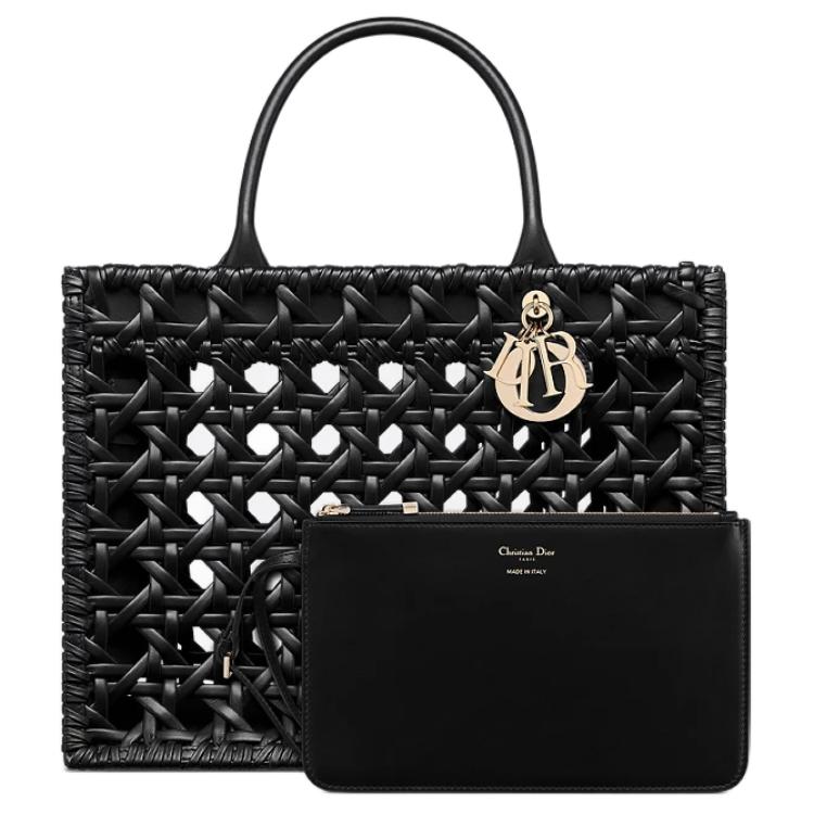 DIOR Wicker Pattern Woven Calfskin Tote Bag, Shopping Bag, Handbag Medium Size Women's Black