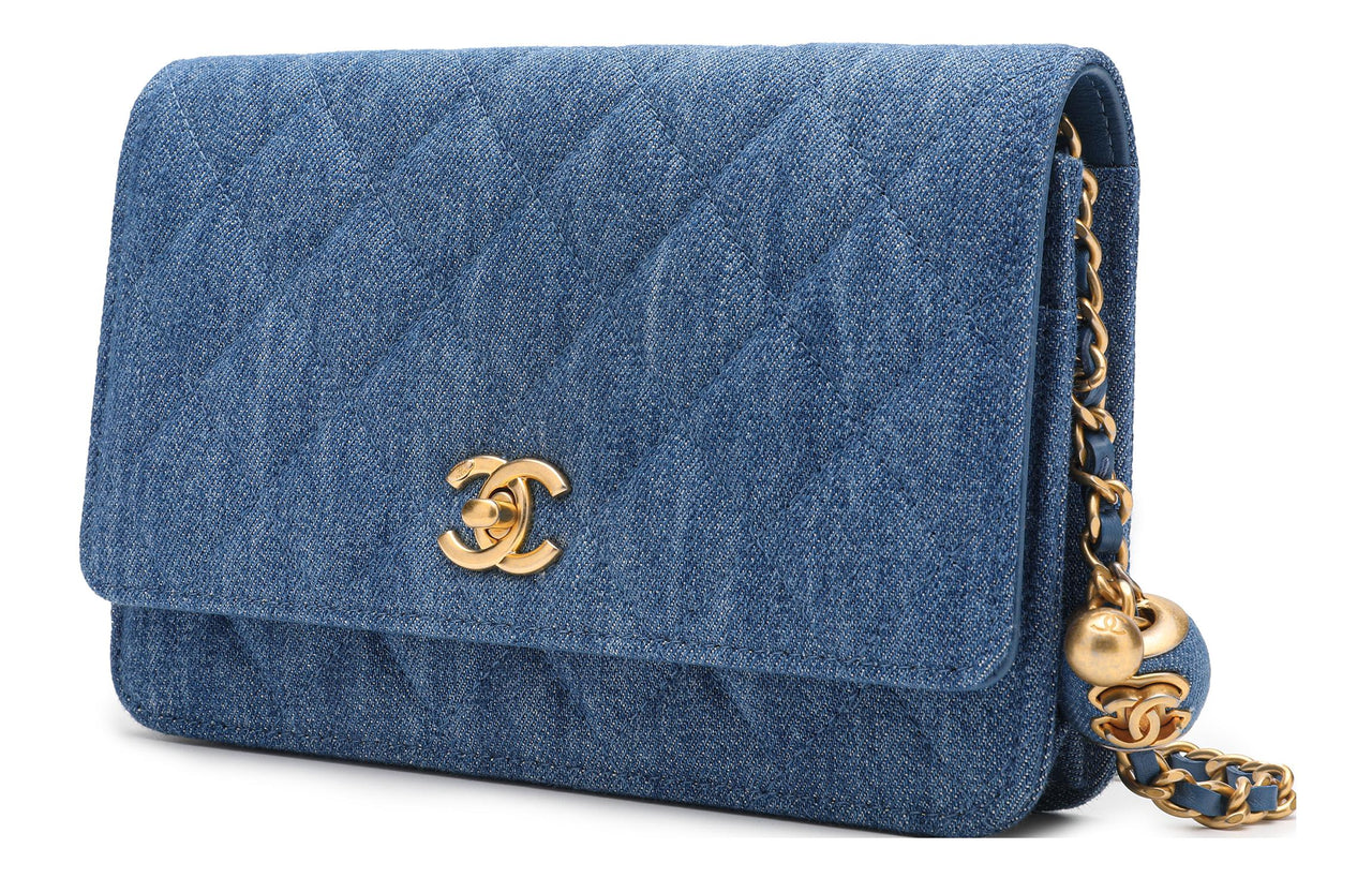 CHANEL Small Gold Ball WOC Velour Wallet On Chain, Shoulder Bag, Crossbody Bag Regular Women's Blue