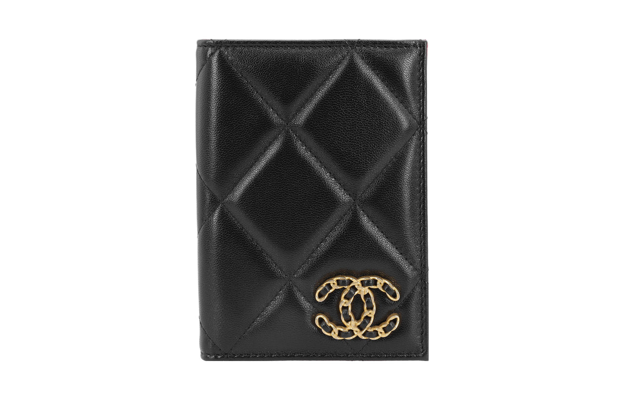 CHANEL Sheepskin Passport Holder Card Holder Coin Purse Wallet Regular Women's Black