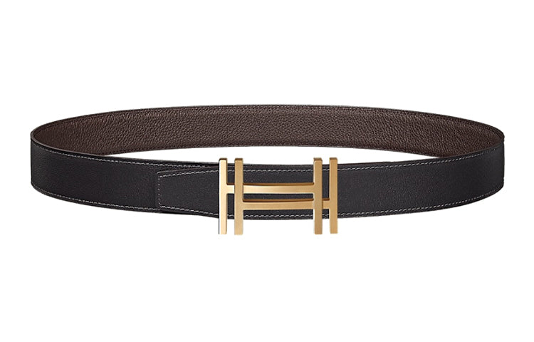 HERMES Togo Calfskin Leather Belts Unisex Black/Chocolate Width: 3.2cm