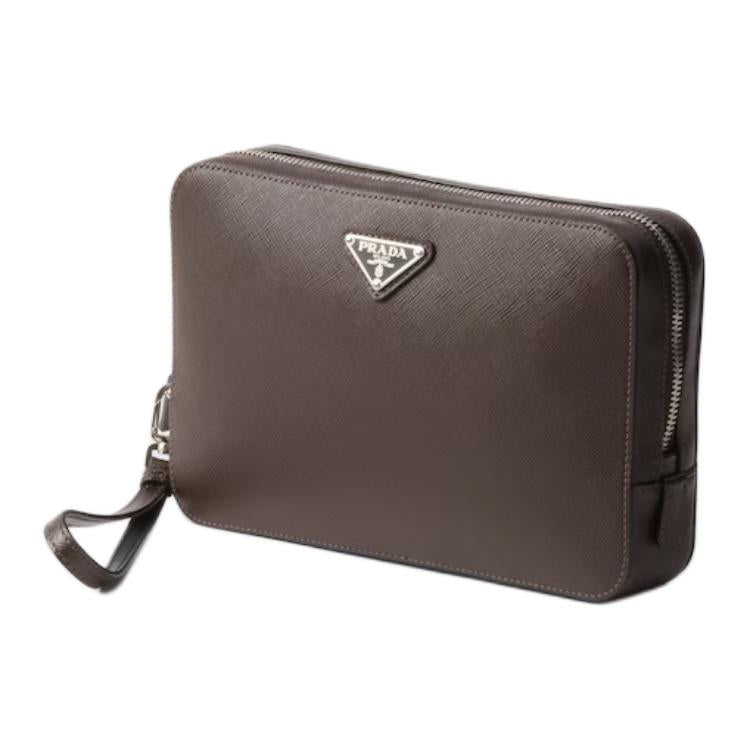 PRADA Saffiano Leather Clutch Men's Coffee