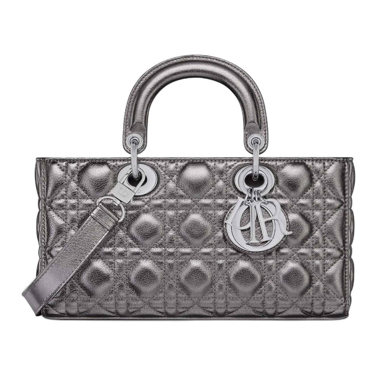 DIOR Lady D JOY Calfskin Tote Bag, Shopping Bag, Shoulder Bag, Crossbody Bag, Handbag Medium Size Women's Metallic Gray