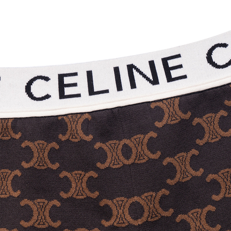 CELINE FW22 Monogrammed Biker Shorts In Silk Cotton Brown