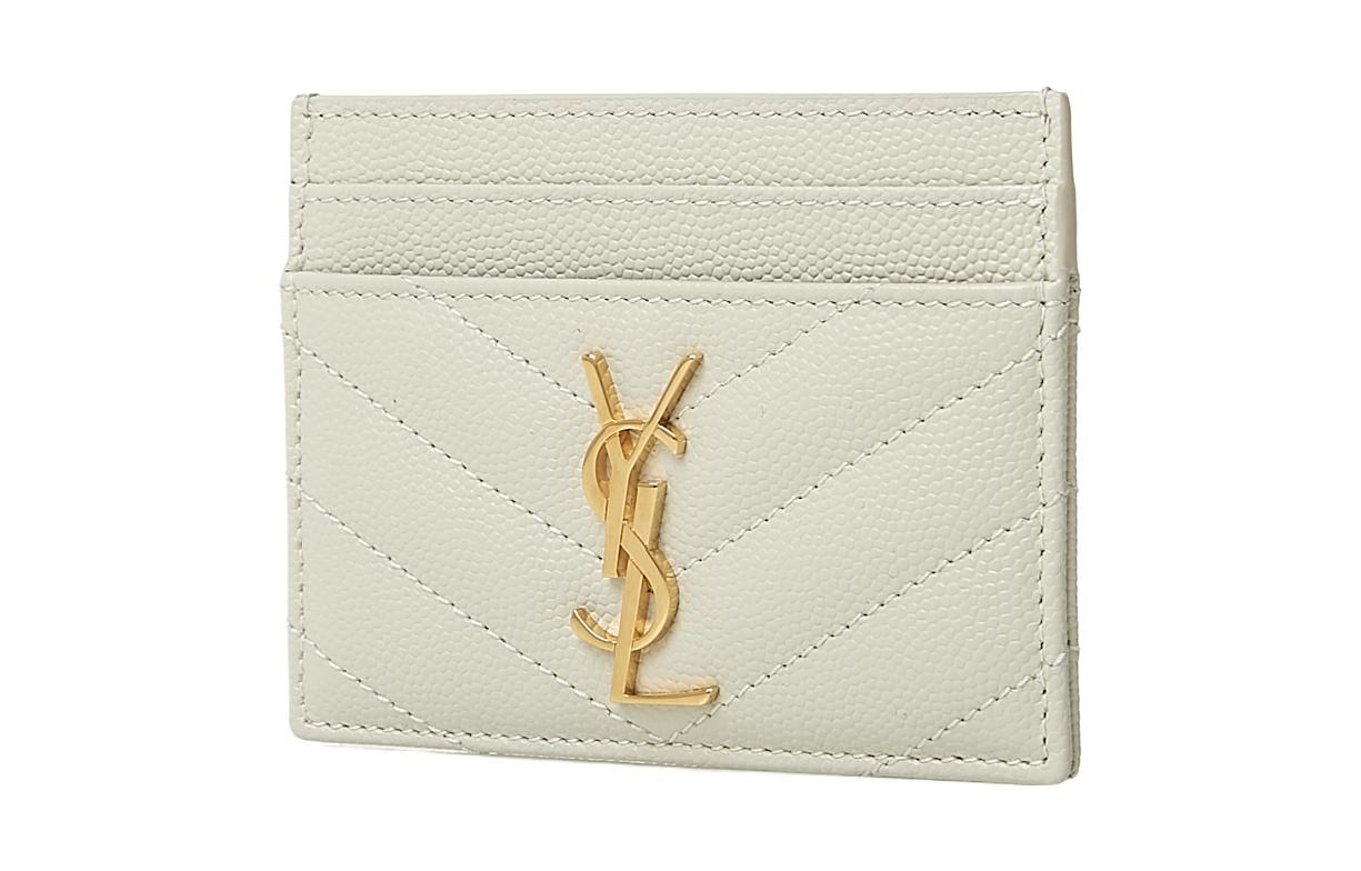 SAINT LAURENT Monogramme Quilting Leather Card Clip Card Holder Women's Vintage White