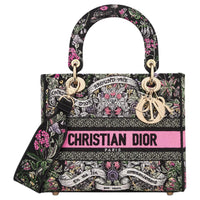 DIOR Lady D-Lite Cotton Tote Bag Shopping Bag Shoulder Bag Crossbody Bag Handbag Medium Size Women's Red & Black