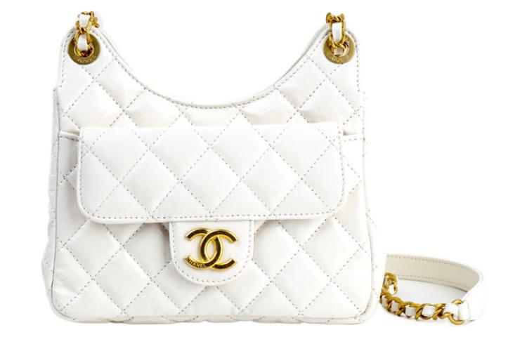 CHANEL HOBO Tmall Genie Bright Wrinkle Waxed Calfskin Hobo Bag Shoulder Crossbody Bag Small Size Women's White