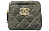 CHANEL Embossed Calfskin With Gold Metal Coin Purse Women's Black