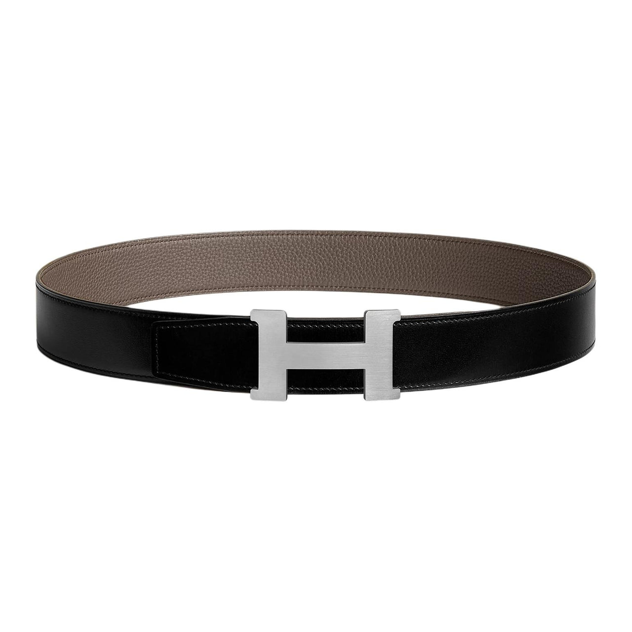 HERMES Calfskin Leather Belts Men's Black/Tin Gray Width 3.8cm