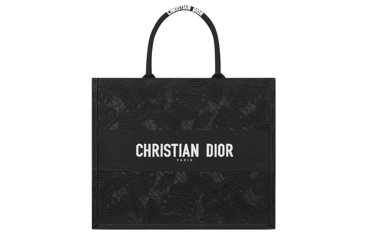 DIOR BookTote Embroidery Tote Bag Shopping Bag Handbag Large Size Women's Black