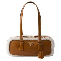 PRADA Shearling Handbag Shoulder Bag Medium Size Women's Cognac White/Blue Geometric Natural