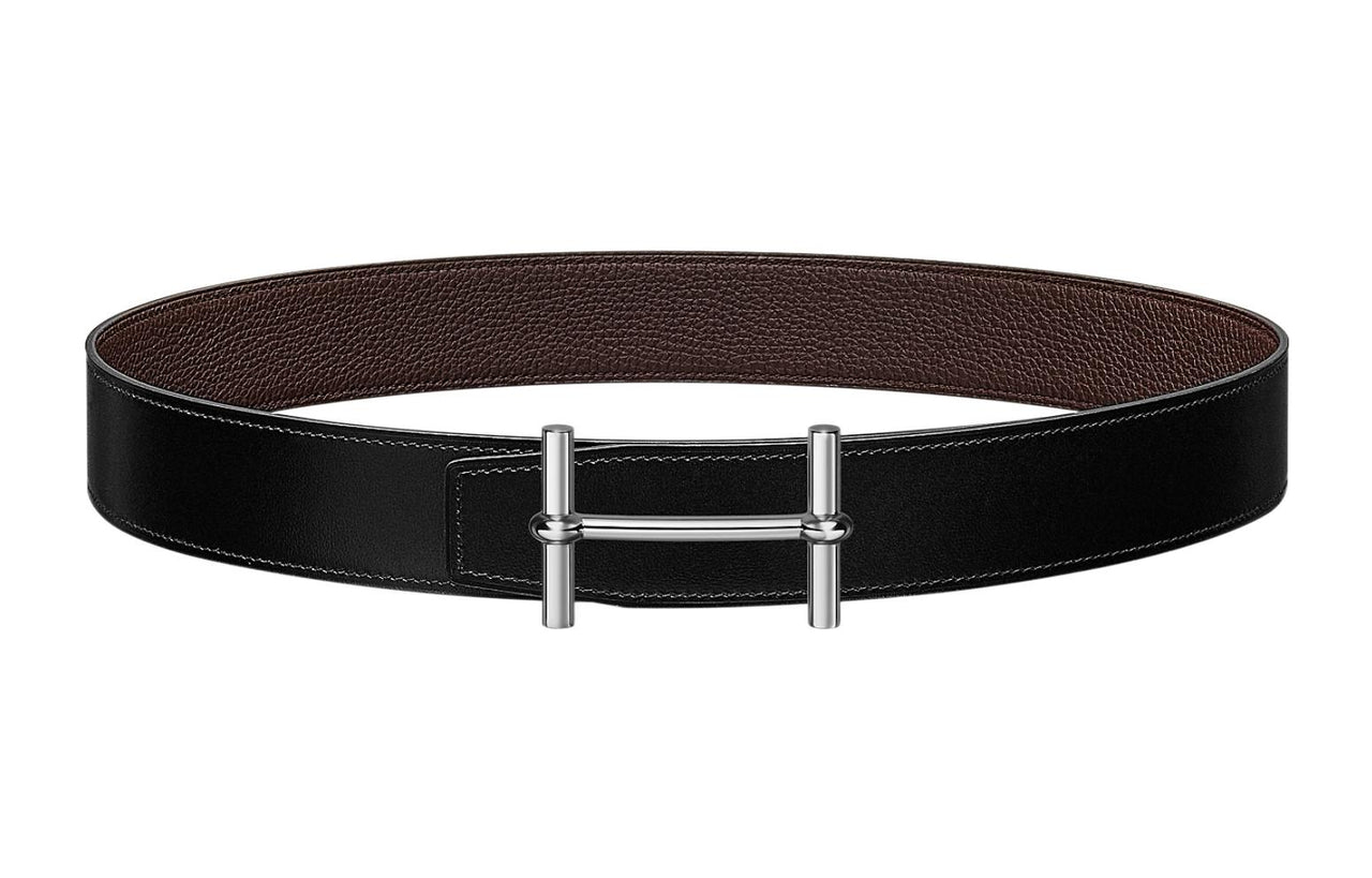 HERMES H D' Ancre Silver Buckle Togo Calfskin Double-Sided Leather Belt Unisex Black Width: 3.8cm