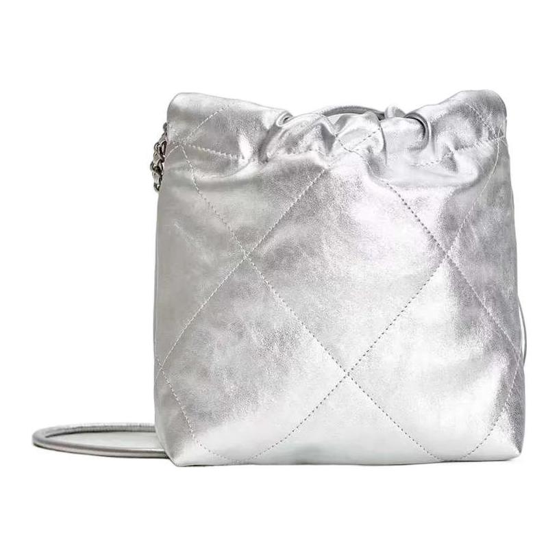 CHANEL 22Bag Shiny Calfskin Bucket Bags Shoulder Bag Crossbody Bag Mini Women's Silver