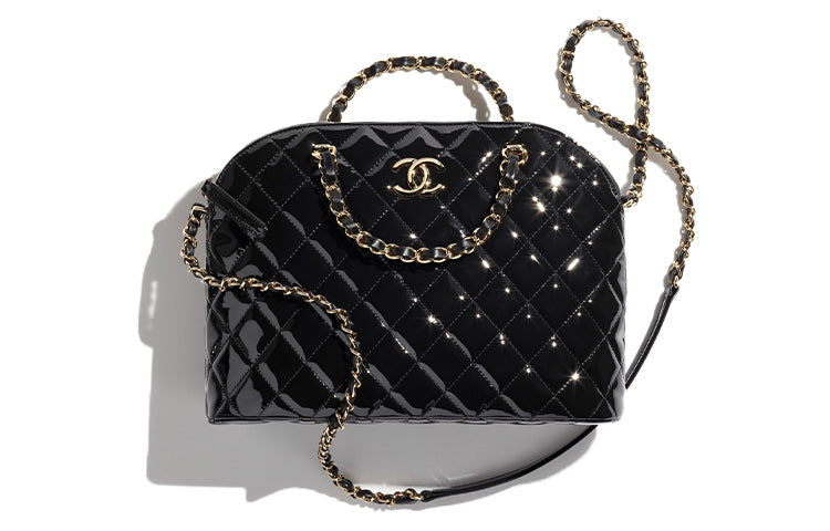 CHANEL Patent Leather Calfskin Dome Bag Shoulder Bag Crossbody Bag Handbag Large Size Women's Black