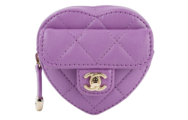 CHANEL 22SS Lambskin Heart-Shaped Bag Clutch Coin Purse Wrist Bag Women's Purple